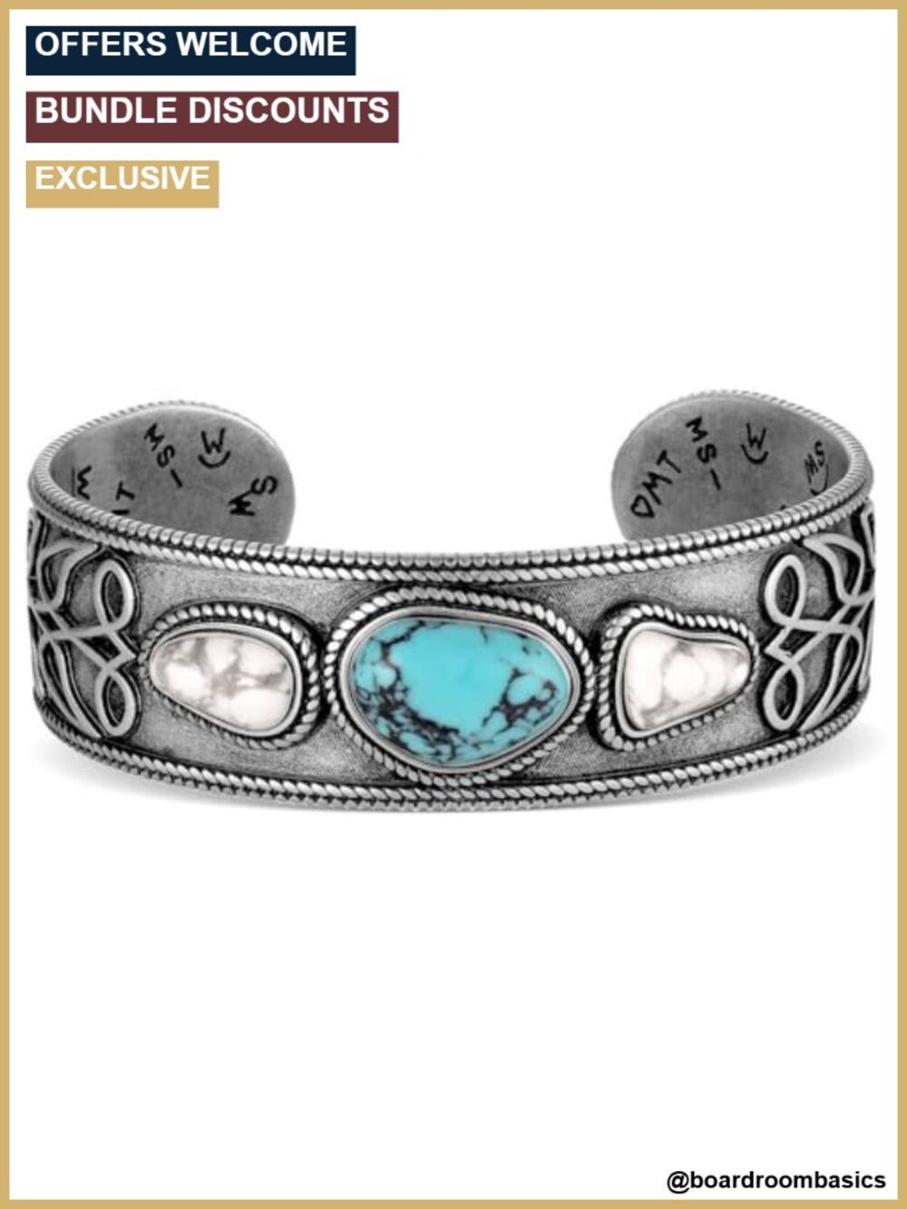 Western Turquoise Cuff Bracelet Engraved Silver Adjustable